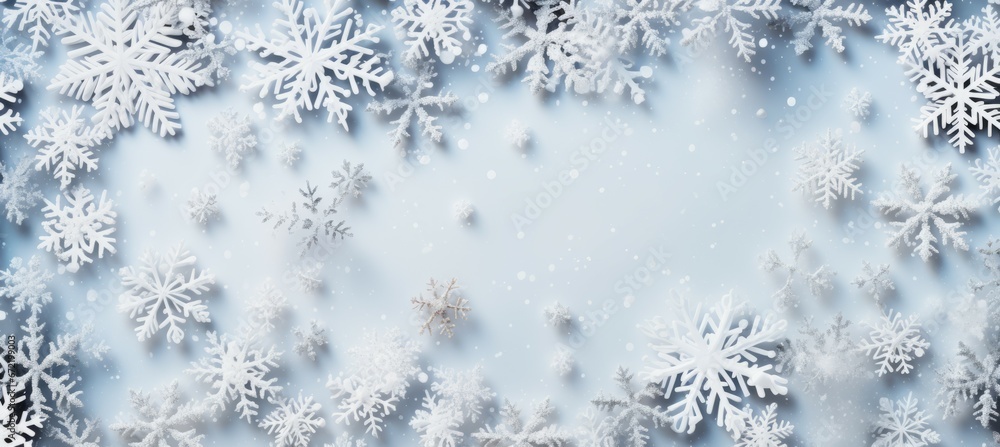 Snowflakes background with copy space for text and advert. Generative AI technology.	
