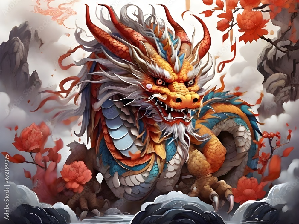 The Chinese New Year 2024 year of the dragon, the Chinese zodiac symbol is the Lunar New Year concept. The Asian Celebration, illustration fantasy anime manga Chinese Red Dragon. Generative AI.