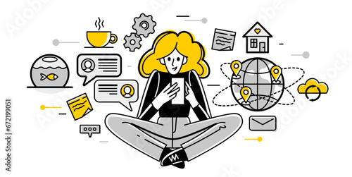 Freelance work on internet, young person freelancer doing some online job and messaging and chatting, self-employed creative worker.