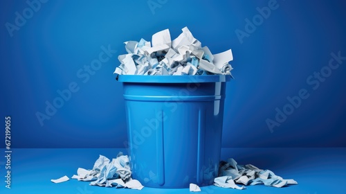 Waste Management Concept: Discarded Office Paper in Trash Can with Blue Backdrop photo