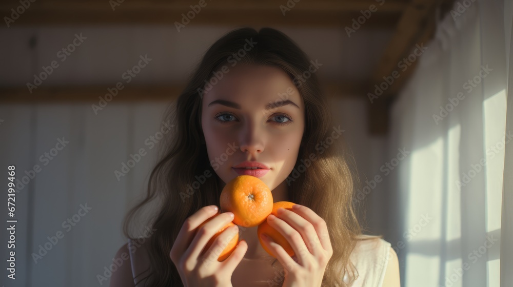 The girl is holding oranges. The concept of Vitamin C as an antioxidant.