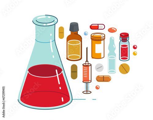 Pharmaceutical research vector illustration with chemical flask and different medicine vector, medical science concept.