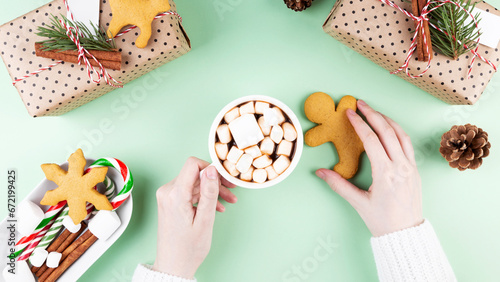 Christmas gingerbread cookies and cocoa with marshmallows. Top view, flatlay