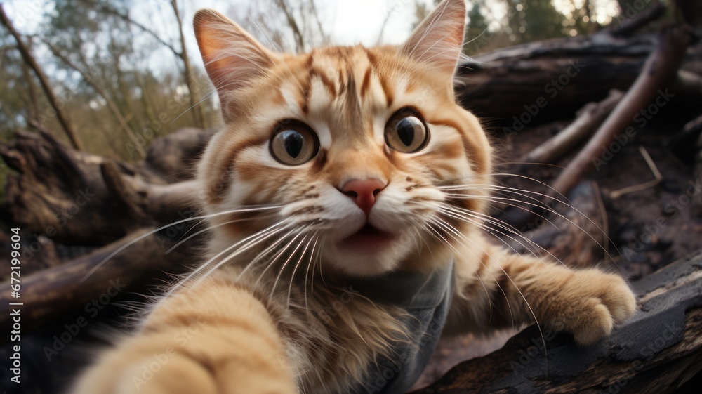 Close-up of a domestic cat with whiskers in an attack pose. A cat takes a selfie.