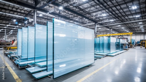 Tempered Glass Excellence: Factory manufacturing at its finest, crafting sheets of clear float glass cut to size. An industrial masterpiece for construction projects on a clean white canvas photo