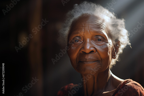  Smiling elderly black woman. Old person. AI.