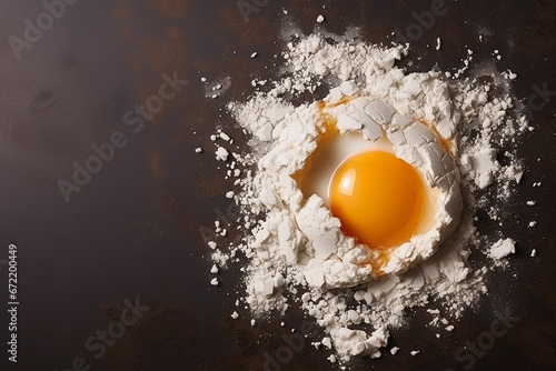 broken egg in flour, top view , copy space