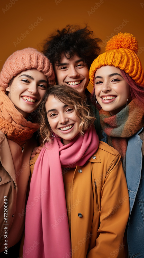 studio portraits of young group of people of diverse ethnicities hanging out together in colorful winter clothing