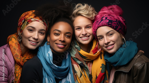 studio portraits of young group of people of diverse ethnicities hanging out together in colorful winter clothing