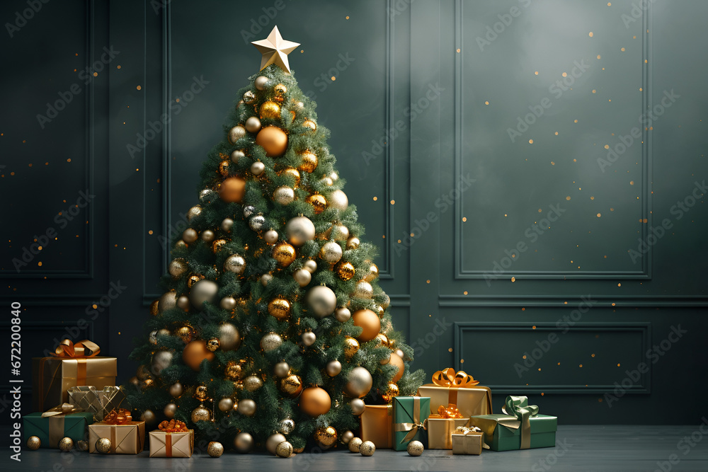 Decorated with golden balls Christmas tree with gifts on green background with space for text. Christmas holiday card