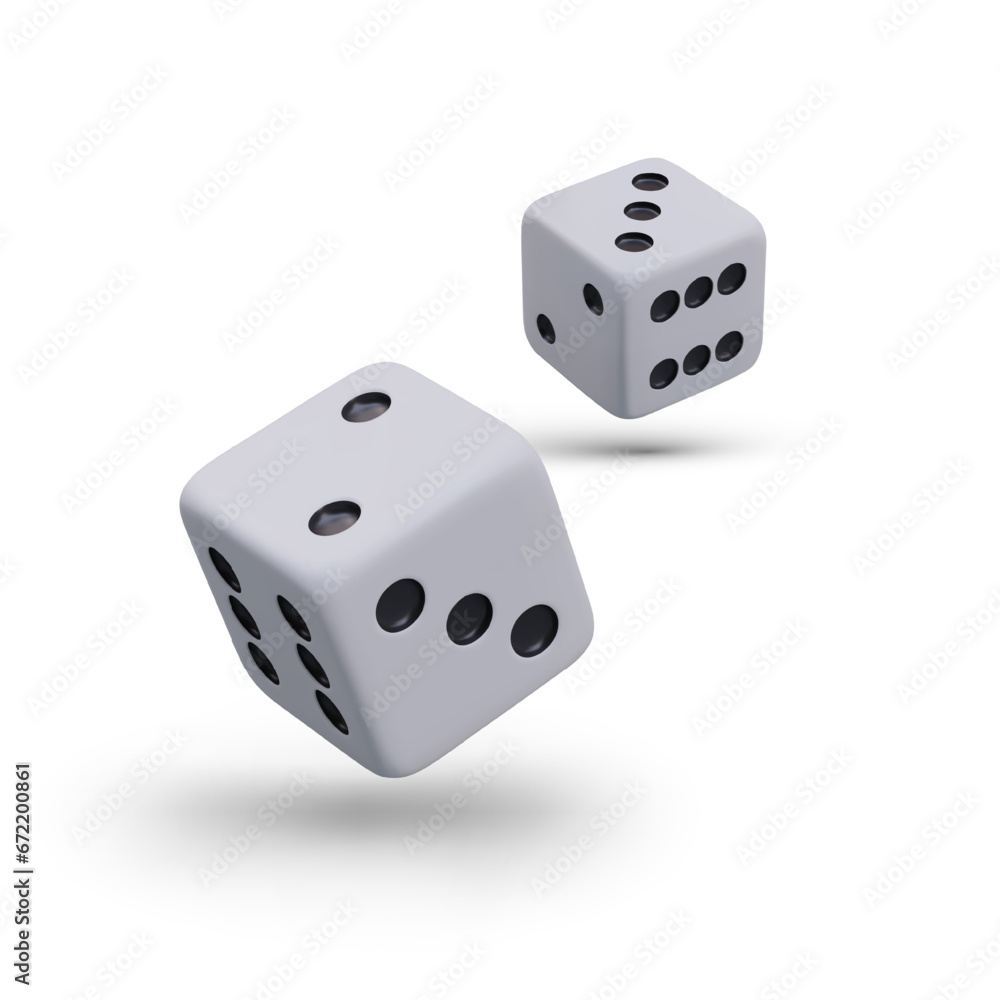 Realistic white dice with black dots. Vector elements with shadows. Cubes in flight, falling effect. Illustration for website, application of gambling, table games Realistic white dice with black dots. Vector elements with shadows. Cubes in flight, falling effect. Illustration for website, application of gambling, table games