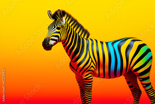 Colorful zebra painted in the colors of the rainbow on vibrance background