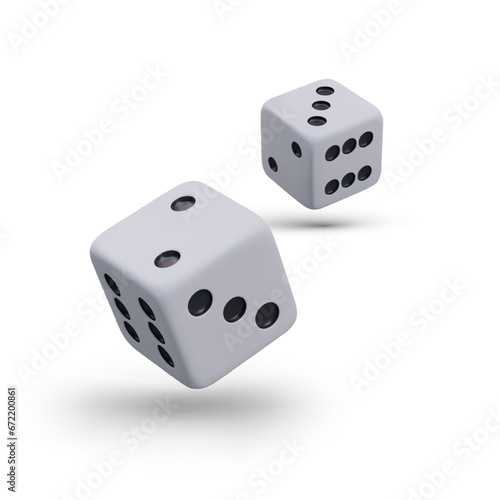 Realistic white dice with black dots. Vector elements with shadows. Cubes in flight, falling effect. Illustration for website, application of gambling, table games