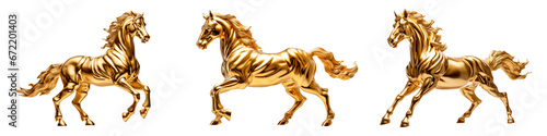 Fényképezés Set of golden horses isolated on transparent background.