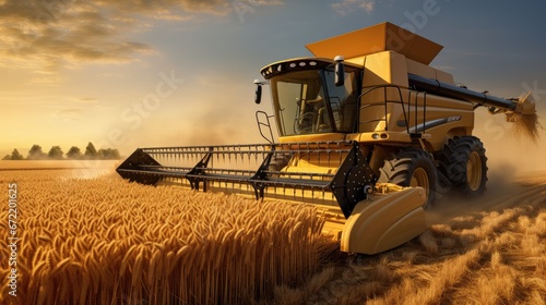 Wheat Harvesting Excellence: Witness the efficiency of a harvester machine as it reaps golden ripe wheat in a picturesque countryside photo