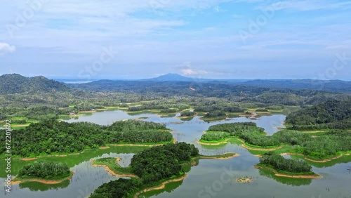 Aerial 4k video of Ulu Kasok Riau tourist attraction, the Raja Ampat wannabe in Riau province, Sumatra island, Indonesia. photo