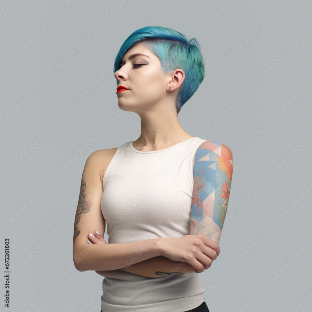 Punk dziewczyna w białym t-shirt patrząca w bok - portret profil - Punk girl in white t-shirt looking sideways - profile portrait - AI Generated - obrazy, fototapety, plakaty 
