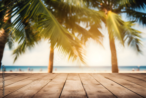 Background with empty wooden table with unfocused palm trees and blue sea, products summer