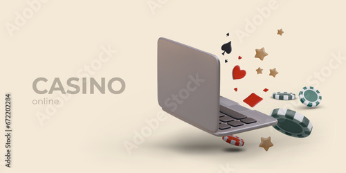 Online casino concept. Unlabeled laptop, gaming symbols and elements. Gambling in application, on website. Color layout with space for text. Horizontal layout