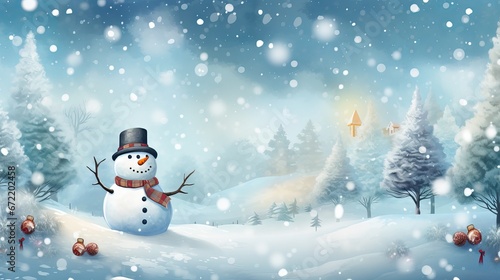 Snowy winter landscape with cute snowman and pine trees vector illustration with copy space © Ameer