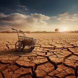 shopping cart from a supermarket on heat-cracked clay in the desert