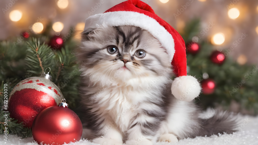 portrait of happy cute kitten wearing santa hat and celebrating Christmas holidays Christmas tree and Christmas lights in background portrait of happy cute kitten wearing santa hat and celebrating Christmas holidays Christmas tree and Christmas lights in background