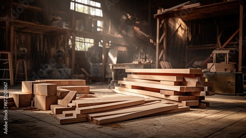 Woodworking Supplies: An industrial scene with natural rough wooden boards and lumber, highlighting the raw materials essential for carpentry and timber production
