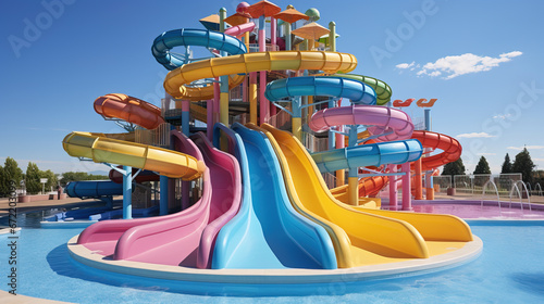 Deserted Summer Fun: Vibrant Water Park Slides and Pool