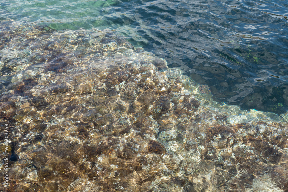 Obraz premium clear teal blue sea water on the Mediterranean coast abstract beach background