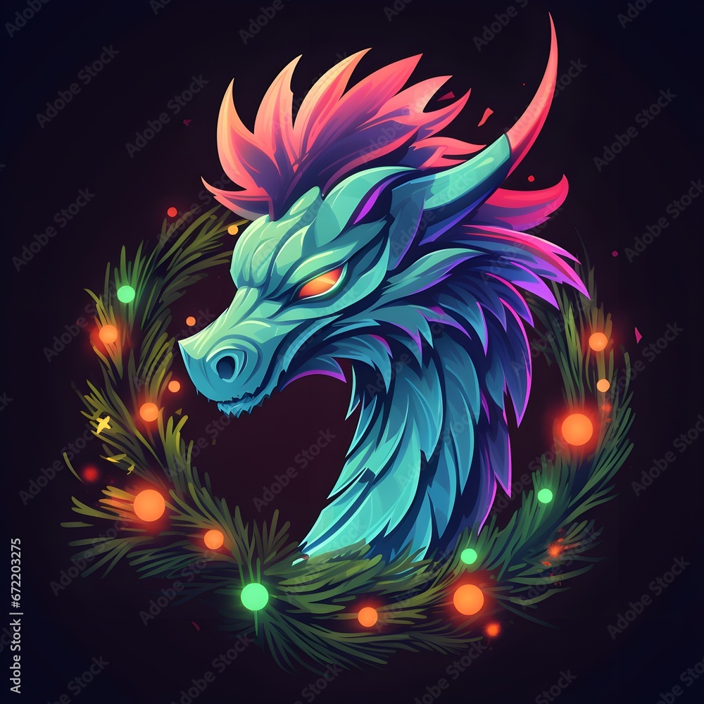 Obraz premium Christmas dragon in neon lights, shining 2024 symbol