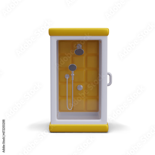 Realistic shower cabin, front view. Color illustration in cartoon style. Convenient modern plumbing. Image for signboard, poster, advertising material design