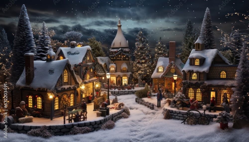 Photo of a Festive Christmas Village Illuminated by Twinkling Lights