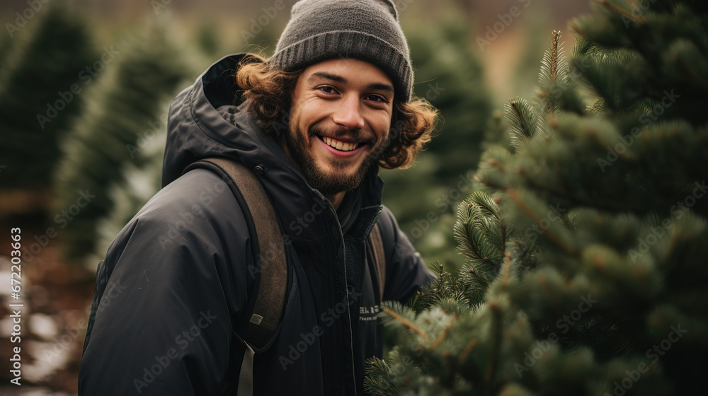 Choosing the Perfect Pine: Young Man at Outdoor Christmas Tree Farm