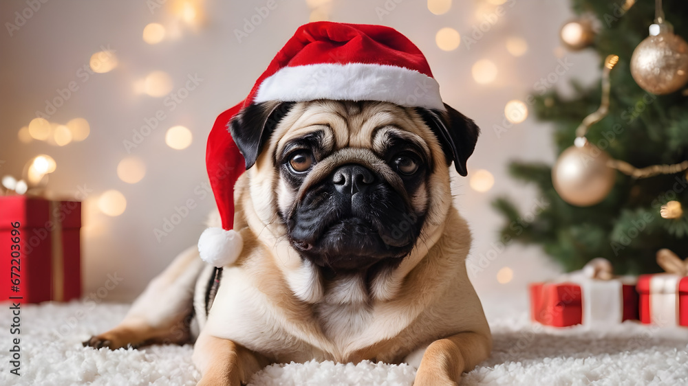 portrait of happy cute fpugwearing santa hat and celebrating Christmas holidays Christmas tree and Christmas lights in background portrait of happy cute fpugwearing santa hat and celebrating Christmas holidays Christmas tree and Christmas lights in background