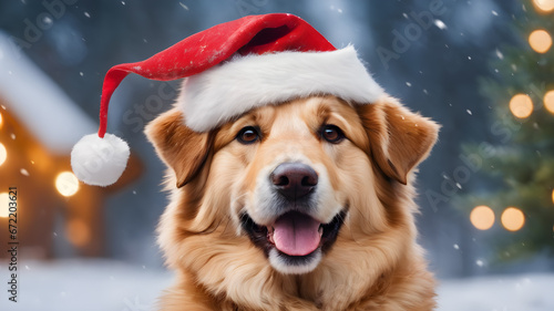 portrait of happy cute dog wearing santa hat and celebrating Christmas holidays