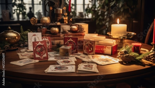 Photo of a Table Overflowing with Playing Cards and Exquisite Candle Arrangements