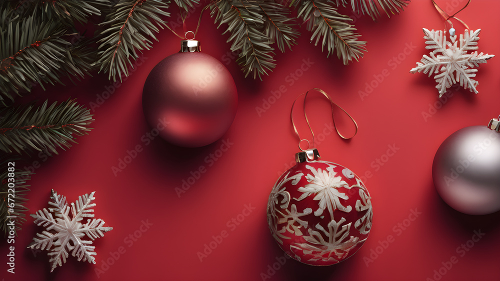 red christmas background, flat lay style with red christmas tree baubles
