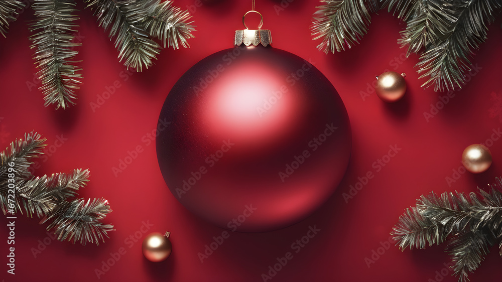 red christmas background, flat lay style with red christmas tree baubles