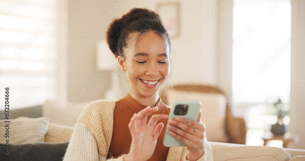 Young woman, phone and laugh on sofa, thinking and relax in home living room for texting, web chat or blog. Girl, excited smile and smartphone with click, meme or social network app on lounge couch Young woman, phone and laugh on sofa, thinking and relax in home living room for texting, web chat or blog. Girl, excited smile and smartphone with click, meme or social network app on lounge couch