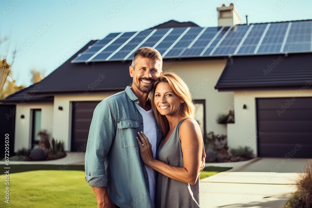 Happy couple infront of a house with solar panels