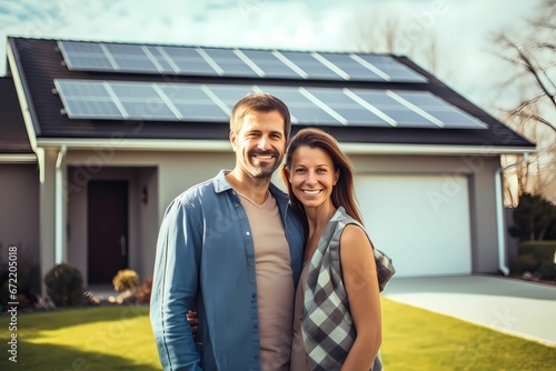 Happy couple infront of a house with solar panels © Tom