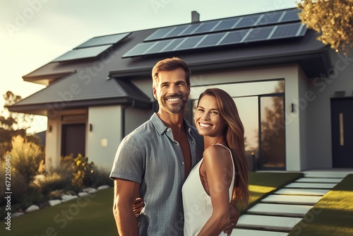 Happy couple infront of a house with solar panels