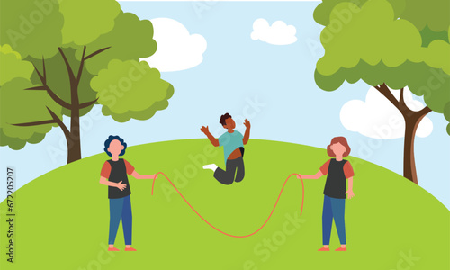 group of children in the park playing jump rope in color vector illustration