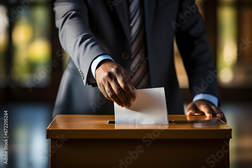 Person with suit voting with bulletin in ballot box ai generated art.