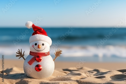 Snowman in red Santa Claus hat on the edge of the tropical beach. Advertising concept  free space for text. AI generated content.