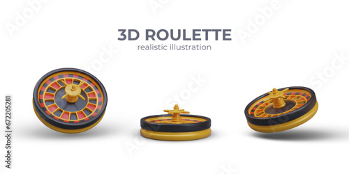 Realistic roulette with colored divisions and recesses for dice. Gambling equipment for casinos. Symbol of risk and luck. Set of isolated objects in different positions for dynamic design