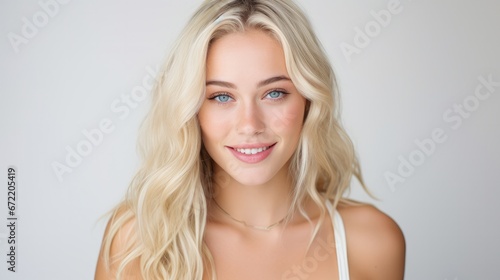 Beautiful blonde female model with blue eyes smiling in a white background