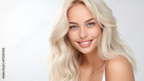 Beautiful blonde female model with blue eyes smiling in a white background
