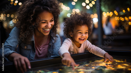 A cute African-American child with afro curls with her mother playing air hockey at an amusement park photo