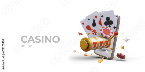 Online casino poster with place for text. Gambling concept, playing poker in mobile app. Slot machine, game cards, red chips, smartphone. Vector illustration in 3D style